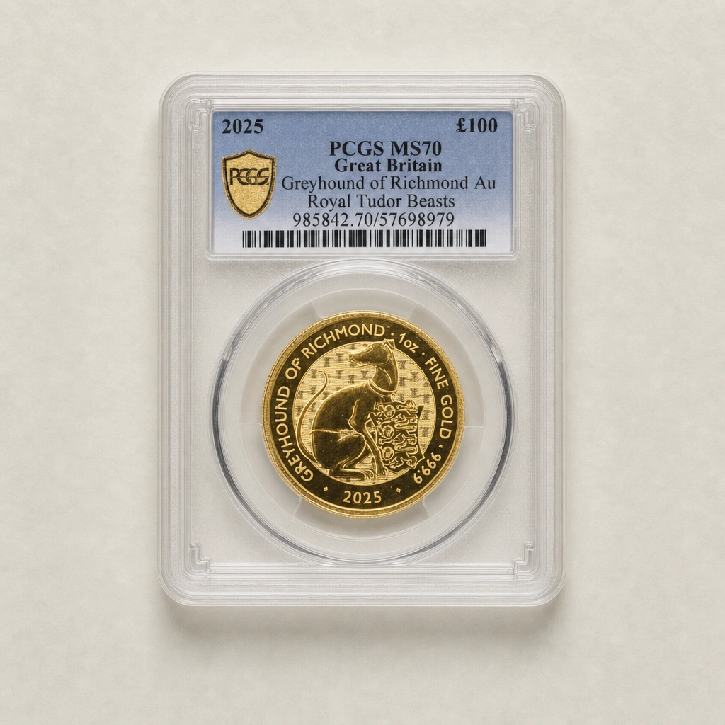 2025 1oz Gold The Tudor Beasts Greyhound of Richmond PCGS MS70