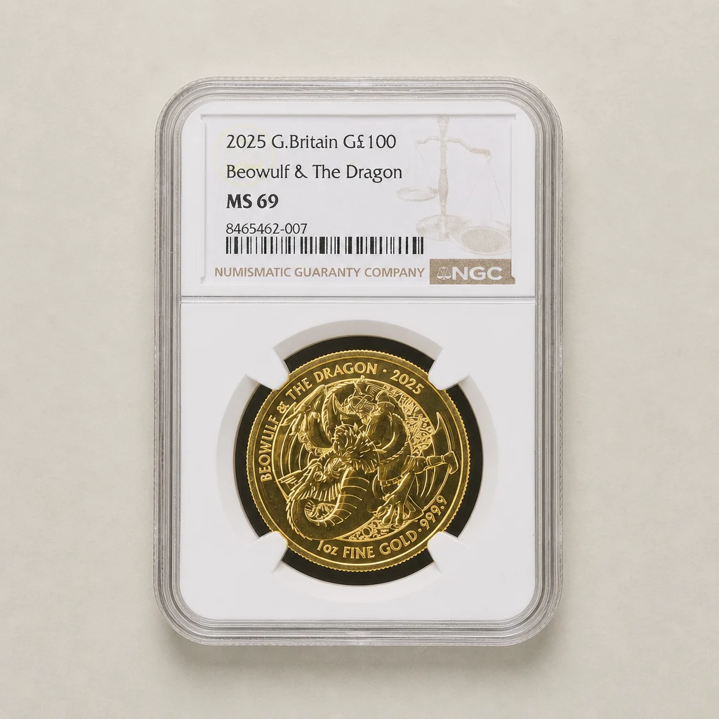 2025 1oz Gold Myths & Legends Beowulf & the Dragon NGC MS69