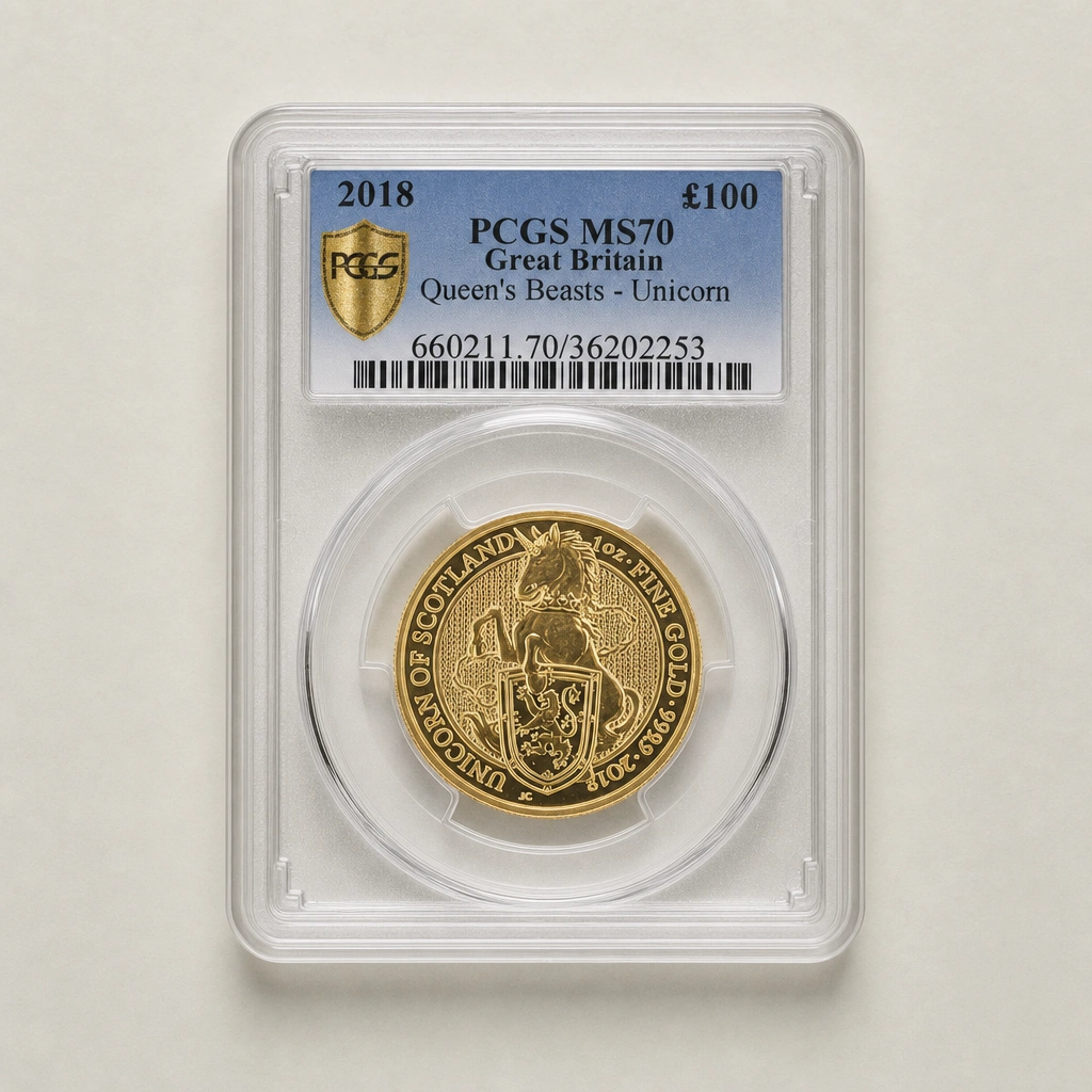 2018 1oz Gold The Queen's Beasts Unicorn of Scotland PCGS MS70