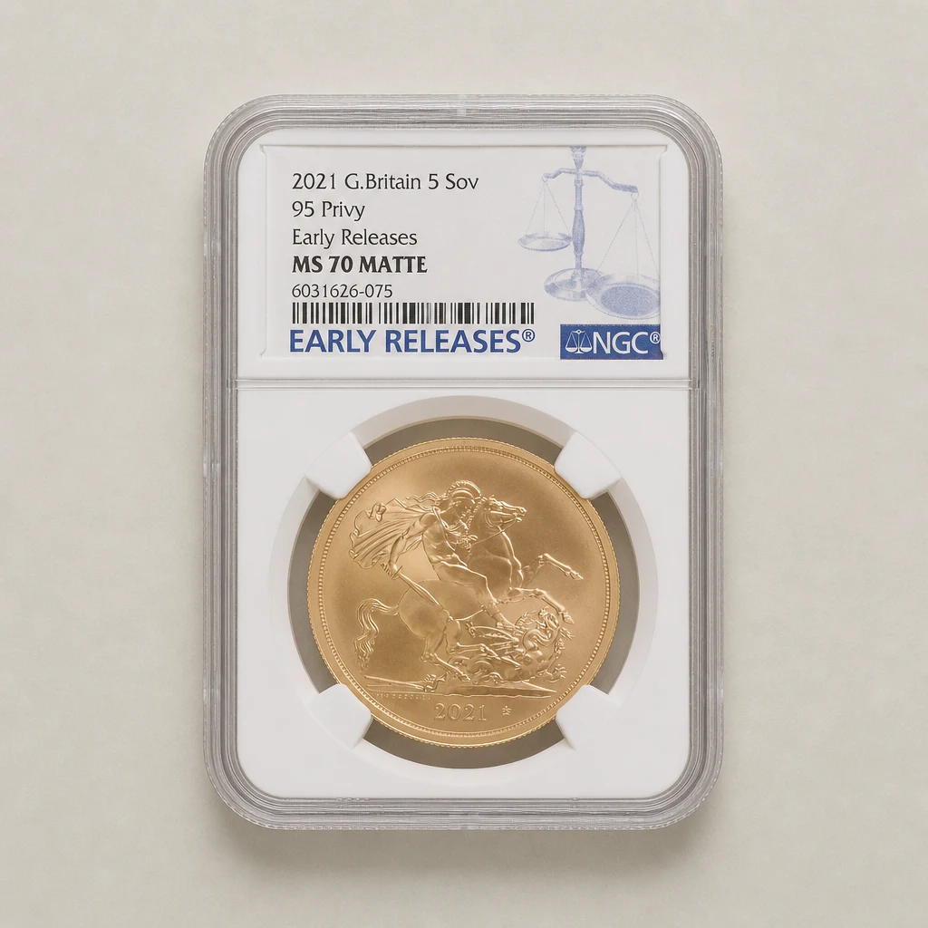 2021 Gold £5 Sovereign 95th Privy NGC MS70 (MT)
