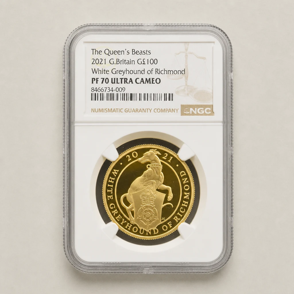 2021 1oz Gold Proof The Queen's Beasts White Greyhound of Richmond NGC PF70 (UCAM)